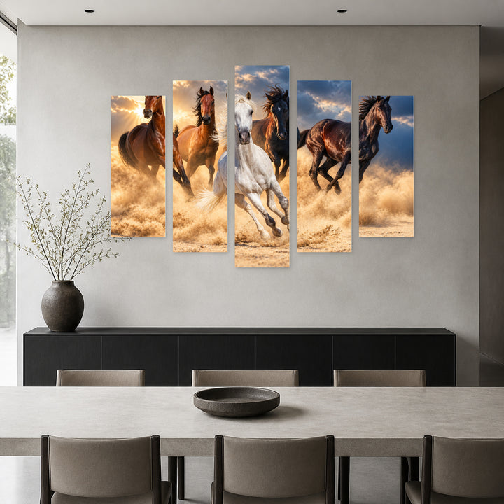 Galloping Horses in Vivid Color — five-panel wall art in alternate frontal interior | 5wallart 58059 M4