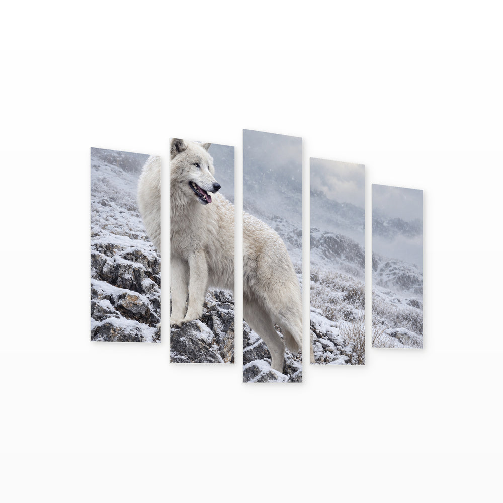 White Wolf in Winter — five-panel wall art on white background in perspective | 5wallart 58062 M1
