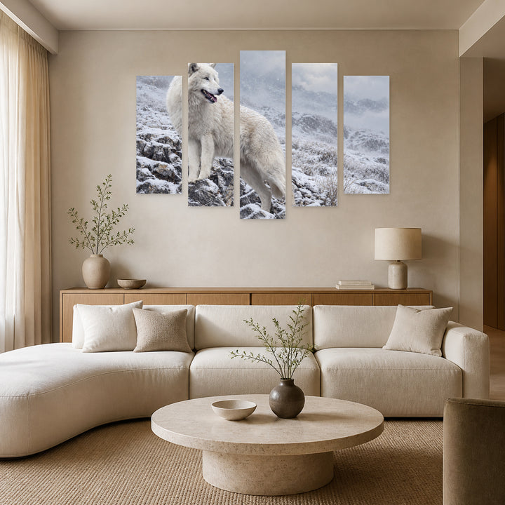 White Wolf in Winter — five-panel wall art in alternate frontal interior | 5wallart 58062 M4