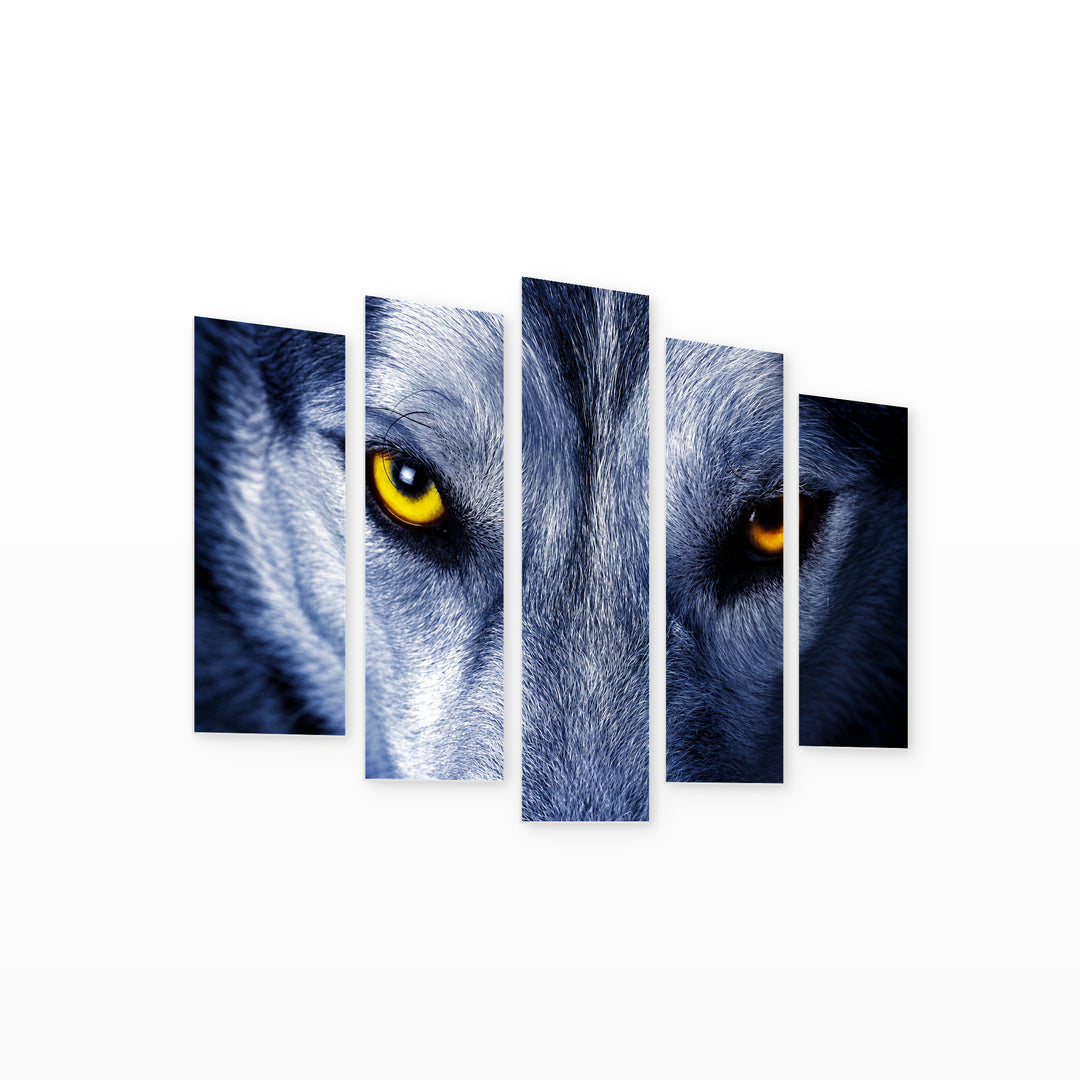 Eyes of the Wolf in Blue and Gold — five-panel wall art on white background in perspective | 5wallart 58073 M1