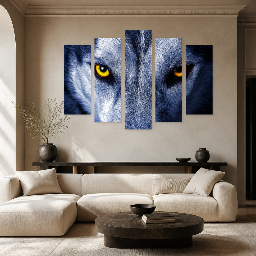 Eyes of the Wolf in Blue and Gold — five-panel wall art in frontal interior | 5wallart 58073 M3