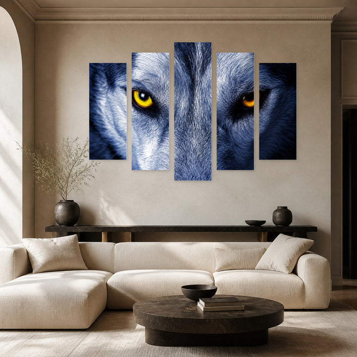 Eyes of the Wolf in Blue and Gold — five-panel wall art in frontal interior | 5wallart 58073 M3