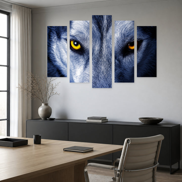 Eyes of the Wolf in Blue and Gold — five-panel wall art in alternate frontal interior | 5wallart 58073 M4