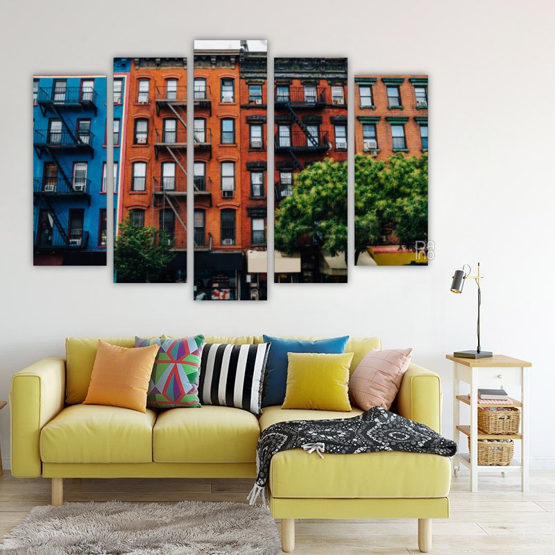 Beautiful Retro Buildings in Brooklyn – five-piece modular wall art