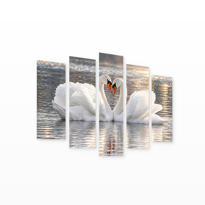 Romantic Swans with Dreamlike Atmosphere — five-panel wall art on white background in perspective | 5wallart 58095 M1