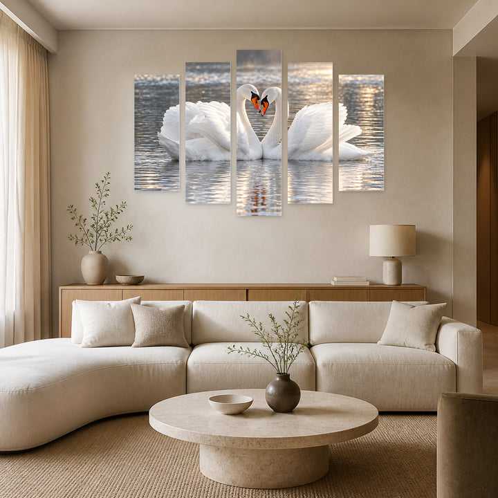 Romantic Swans with Dreamlike Atmosphere — five-panel wall art in frontal interior | 5wallart 58095 M3