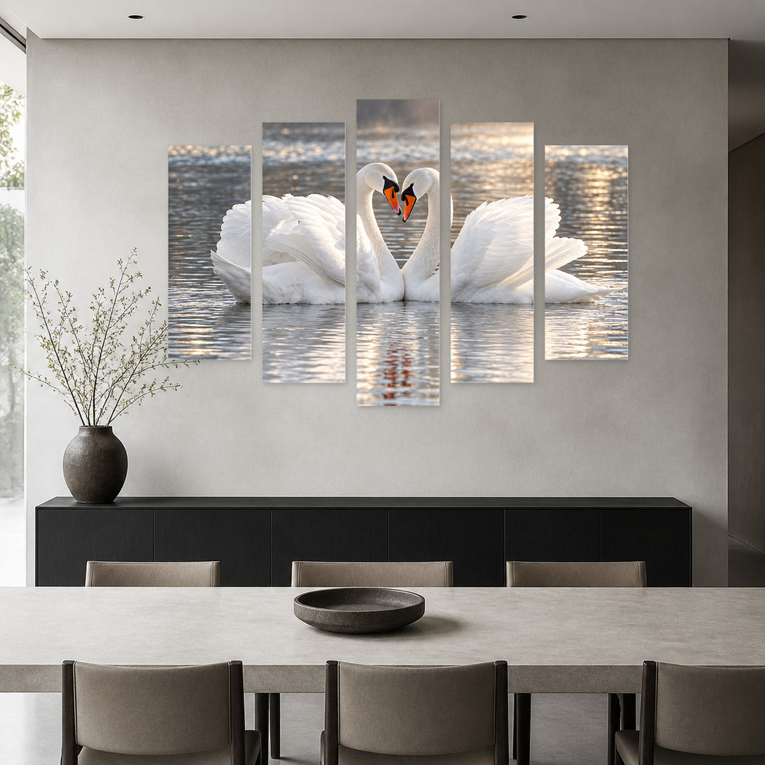 Romantic Swans with Dreamlike Atmosphere — five-panel wall art in alternate frontal interior | 5wallart 58095 M4