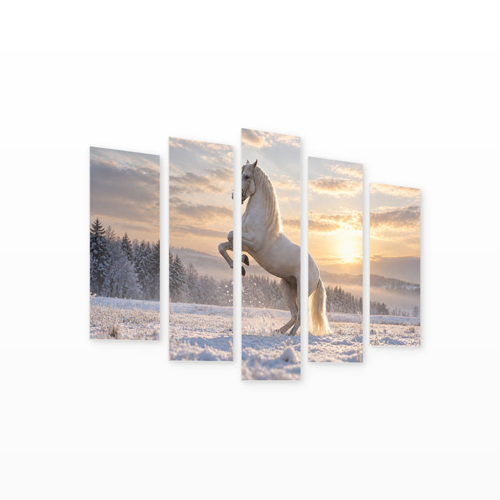 White Horse in Winter — five-panel wall art on white background in perspective | 5wallart 58097 M1