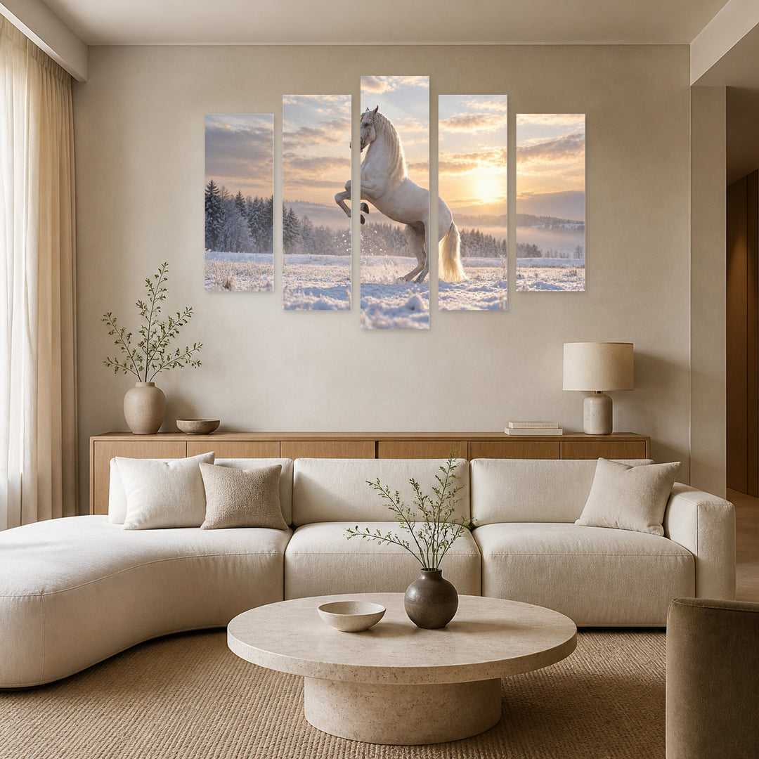 White Horse in Winter — five-panel wall art in frontal interior | 5wallart 58097 M3