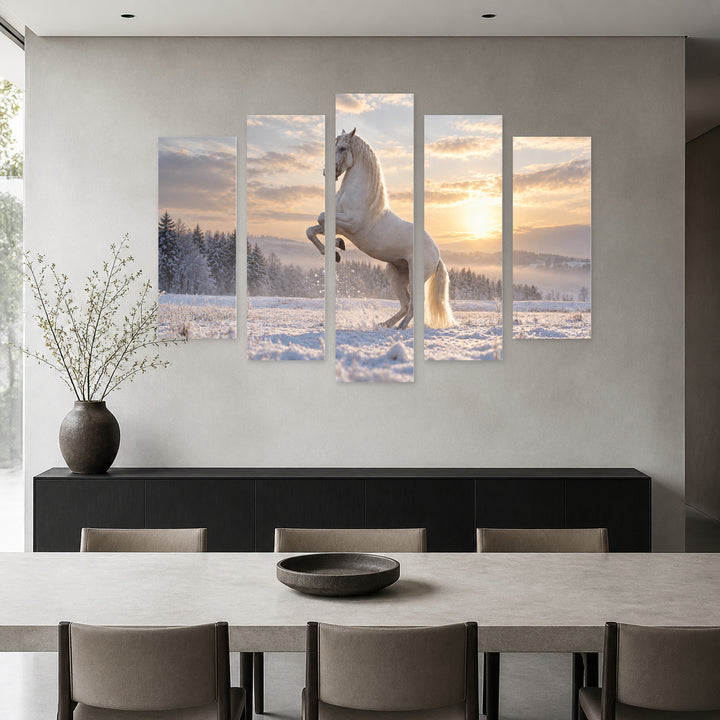 White Horse in Winter — five-panel wall art in alternate frontal interior | 5wallart 58097 M4