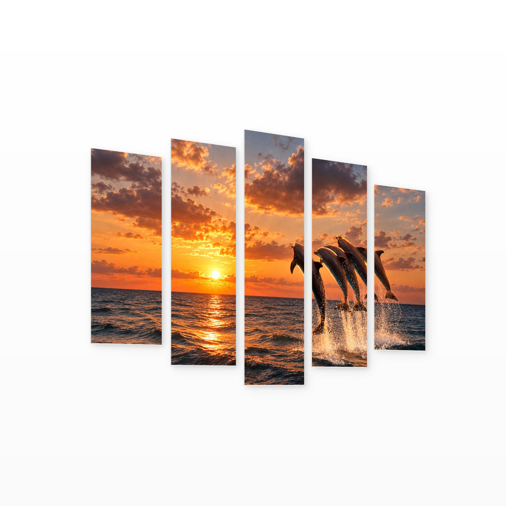 Dolphins in Serene Light — five-panel wall art on white background in perspective | 5wallart 58101 M1