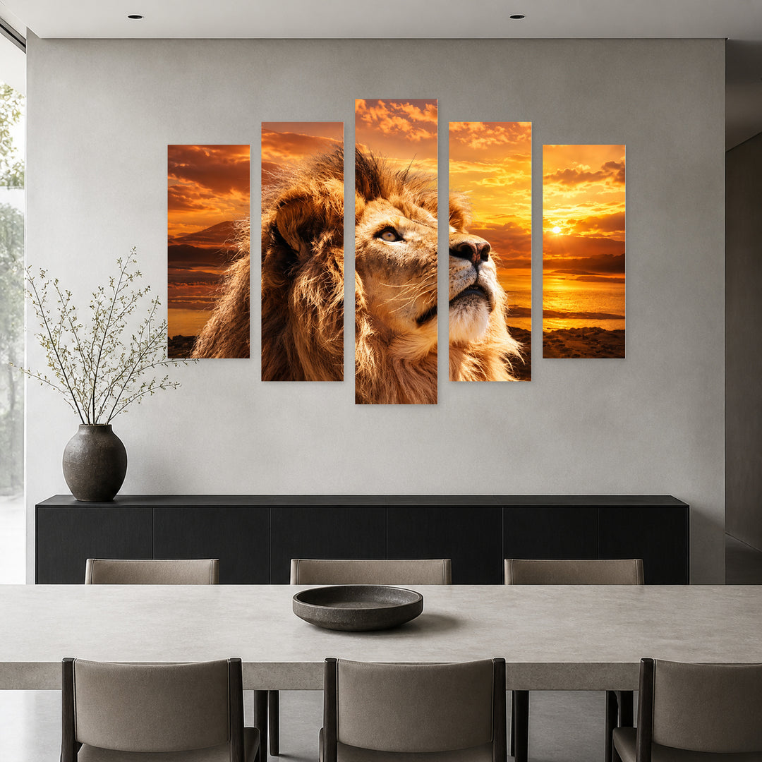 Golden Sunset over Lion — five-panel wall art in frontal interior | 5wallart 58116 M3