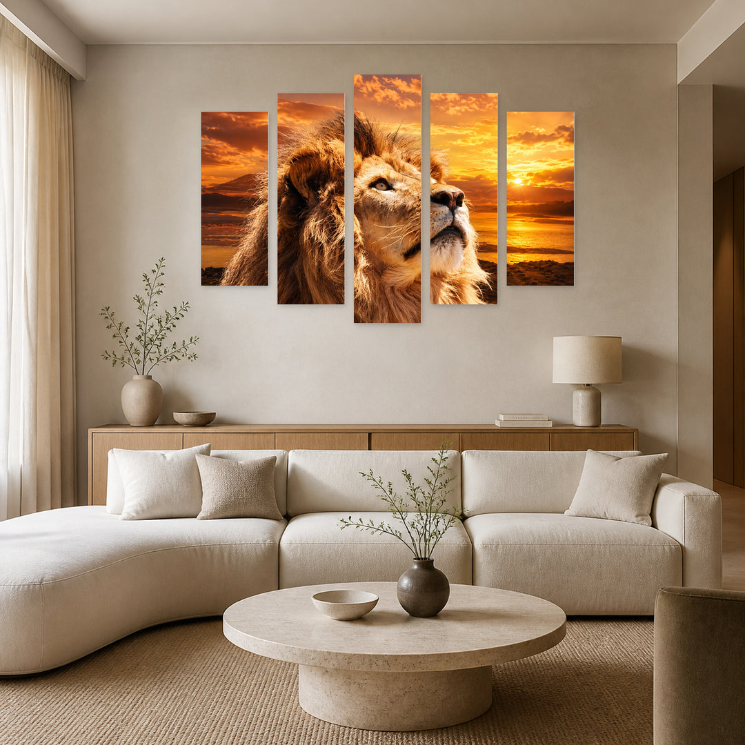 Golden Sunset over Lion — five-panel wall art in alternate frontal interior | 5wallart 58116 M4