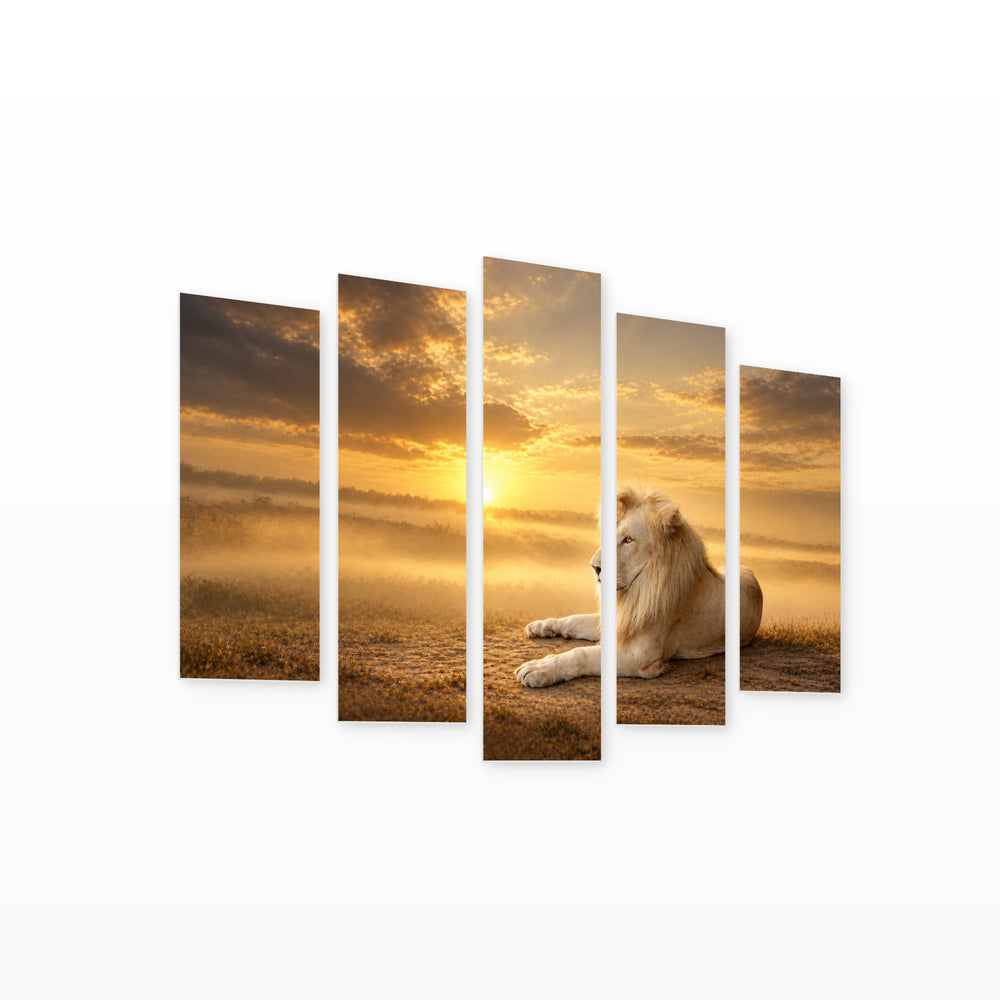 Golden Lion with Dramatic Contrast — five-panel wall art on white background in perspective | 5wallart 58123 M1