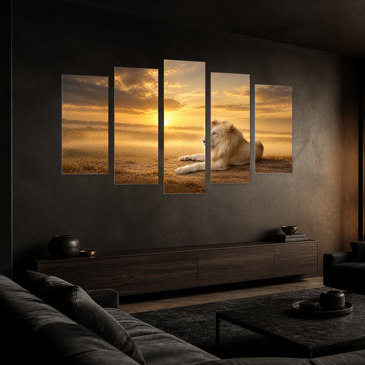 Golden Lion with Dramatic Contrast — five-panel wall art in perspective interior | 5wallart 58123 M2