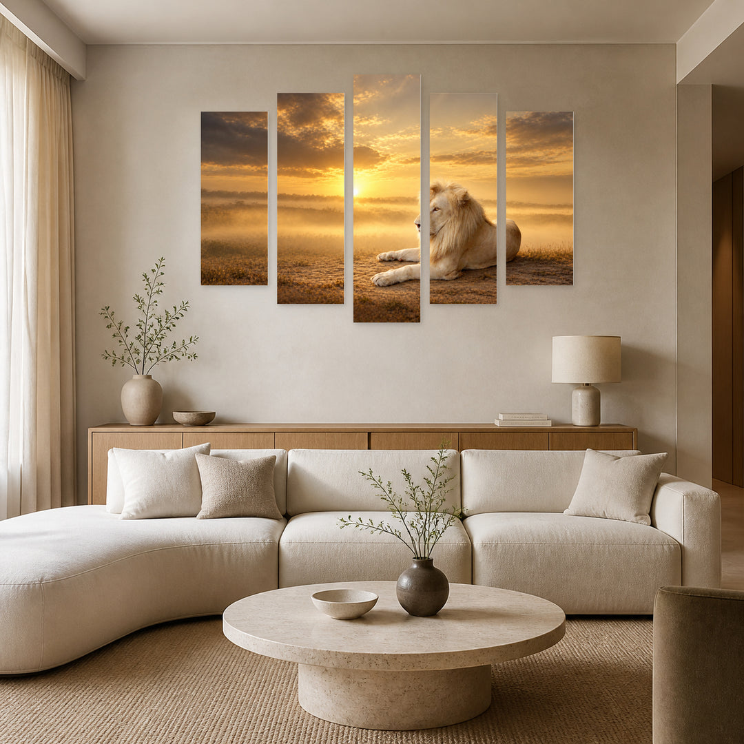 Golden Lion with Dramatic Contrast — five-panel wall art in frontal interior | 5wallart 58123 M3
