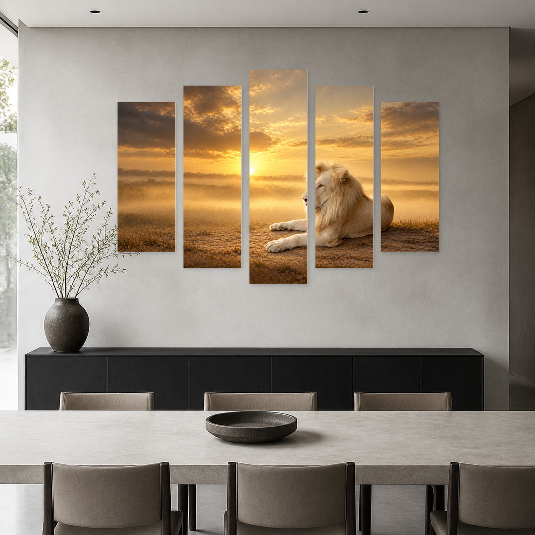 Golden Lion with Dramatic Contrast — five-panel wall art in alternate frontal interior | 5wallart 58123 M4