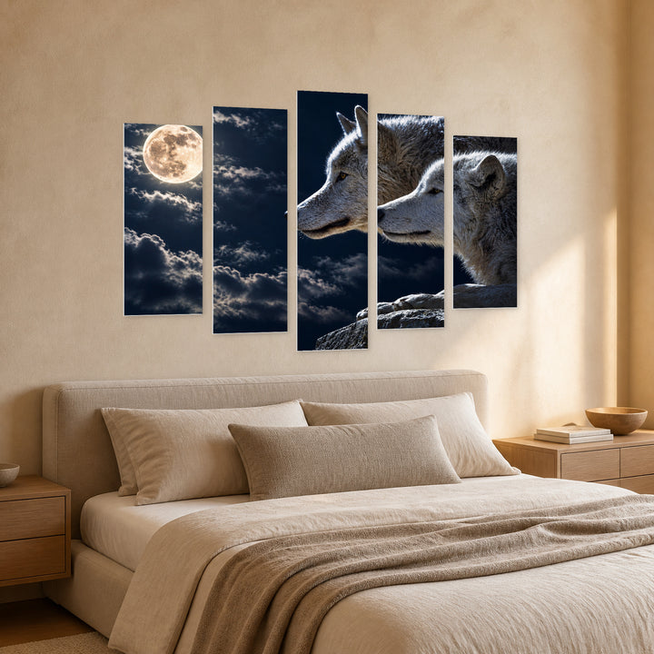Wolves at Full Moon at Night — five-panel wall art in perspective interior | 5wallart 58127 M2