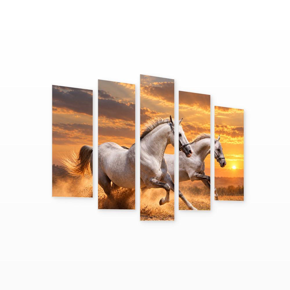 Golden Sunset over Running Horses — five-panel wall art on white background in perspective | 5wallart 58130 M1