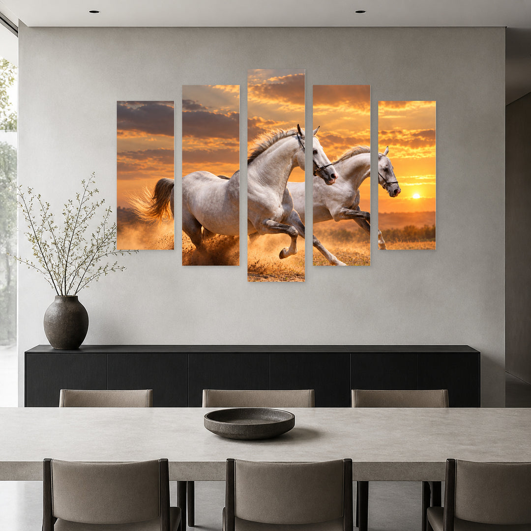 Golden Sunset over Running Horses — five-panel wall art in frontal interior | 5wallart 58130 M3