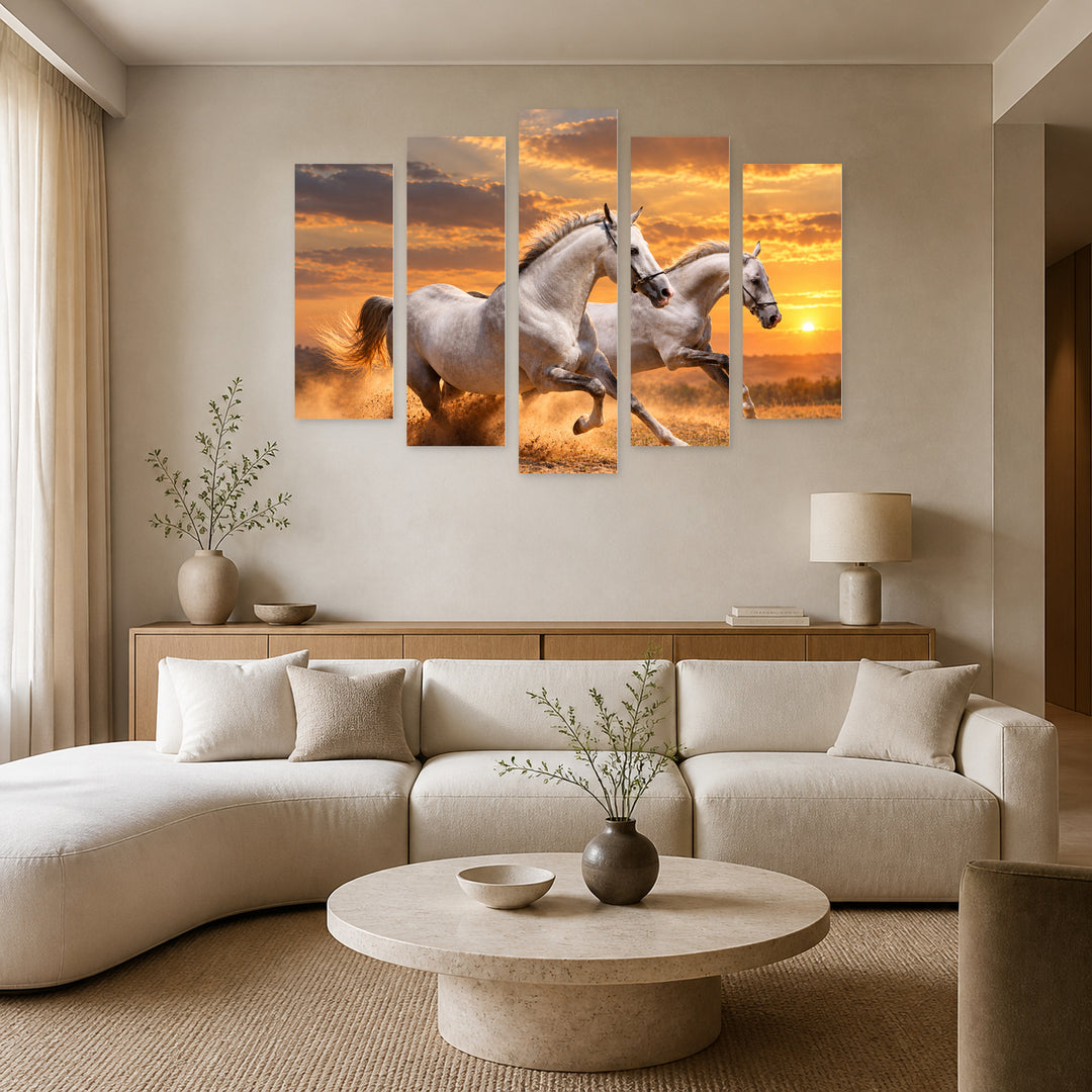 Golden Sunset over Running Horses — five-panel wall art in alternate frontal interior | 5wallart 58130 M4