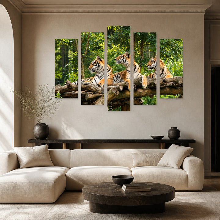 Bengal Tigers with Dramatic Contrast — five-panel wall art in frontal interior | 5wallart 58131 M3