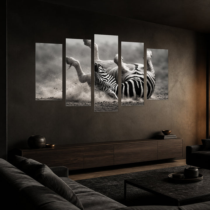 Zebra Rolling in the Dust Wildlife Portrait — five-panel wall art in perspective interior | 5wallart 58135 M2