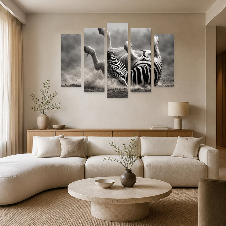 Zebra Rolling in the Dust Wildlife Portrait — five-panel wall art in frontal interior | 5wallart 58135 M3