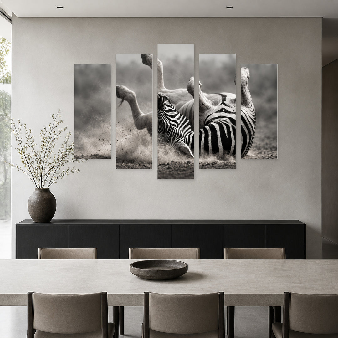 Zebra Rolling in the Dust Wildlife Portrait — five-panel wall art in alternate frontal interior | 5wallart 58135 M4