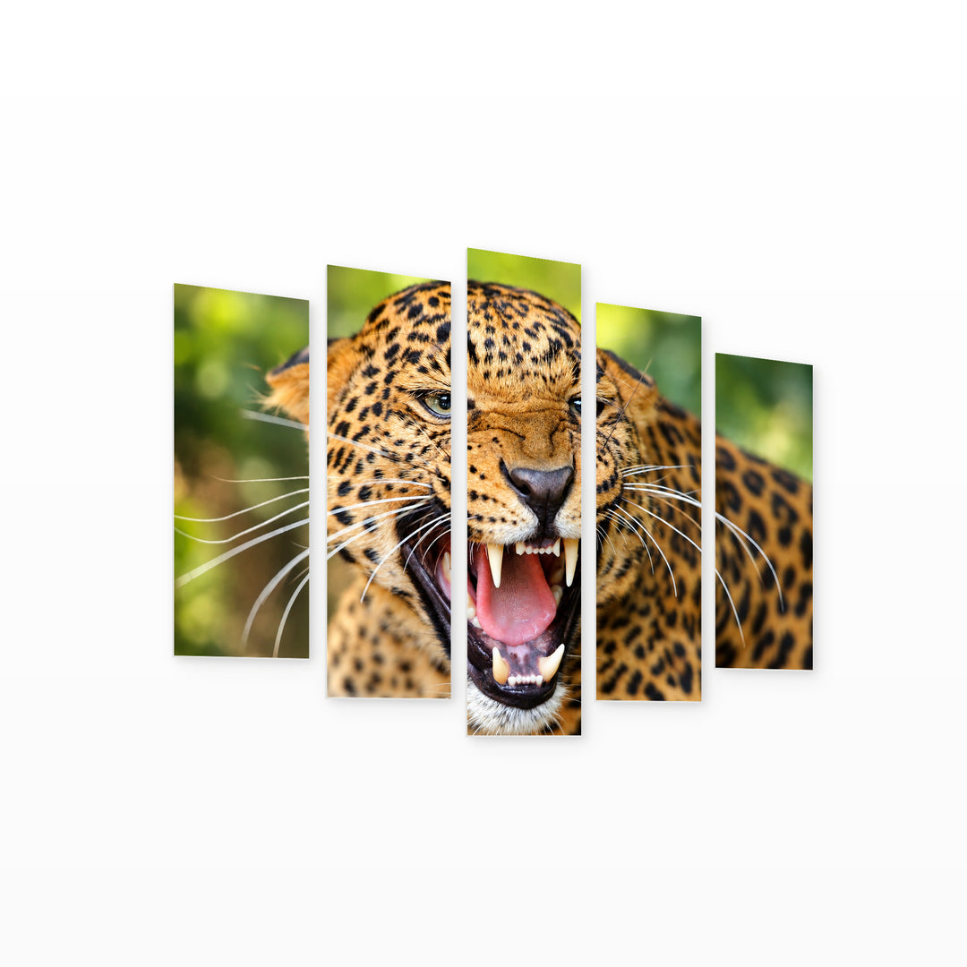 Leopard Portrait in Serene Light — five-panel wall art on white background in perspective | 5wallart 58136 M1