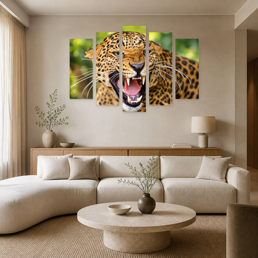 Leopard Portrait in Serene Light — five-panel wall art in frontal interior | 5wallart 58136 M3