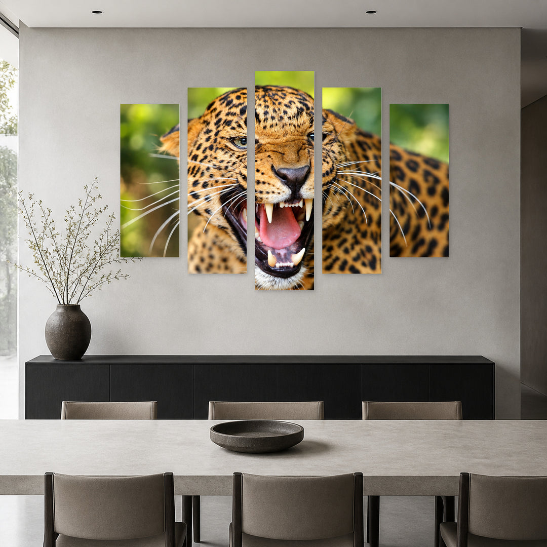 Leopard Portrait in Serene Light — five-panel wall art in alternate frontal interior | 5wallart 58136 M4