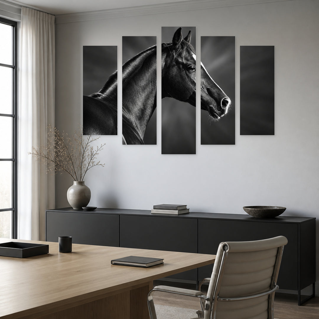 Portrait of a Black Arabian Horse Wildlife Portrait — five-panel wall art in frontal interior | 5wallart 58138 M3
