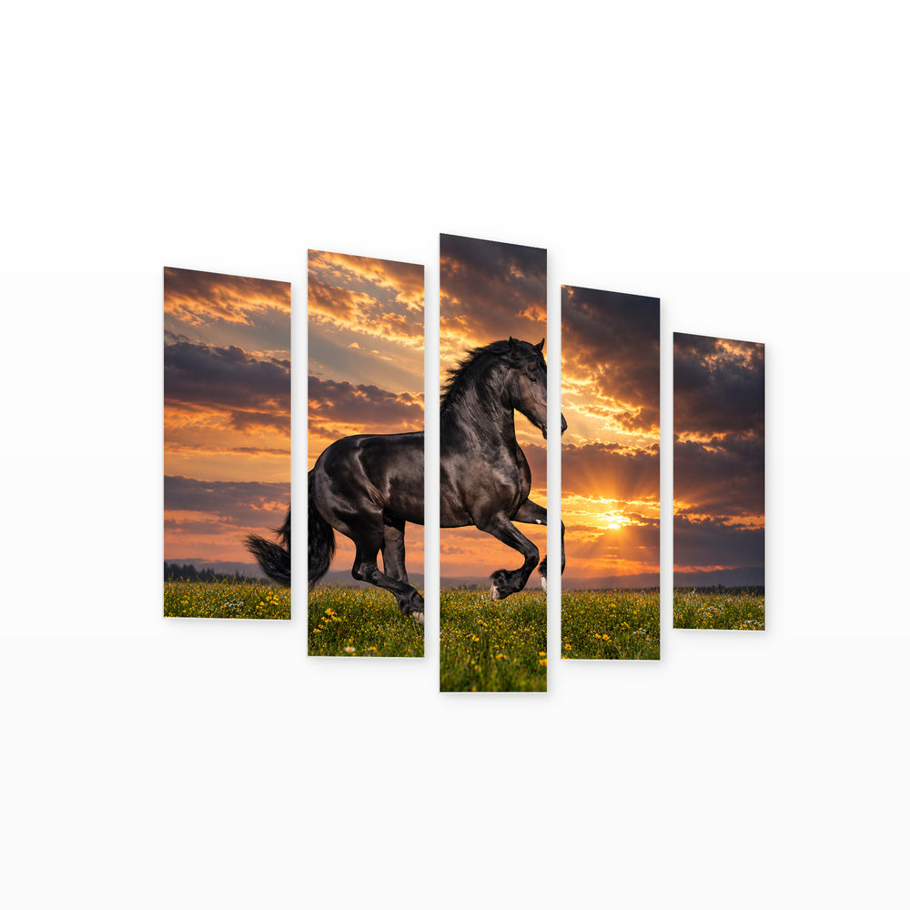Black Horse Galloping with Dramatic Contrast — five-panel wall art on white background in perspective | 5wallart 58139 M1