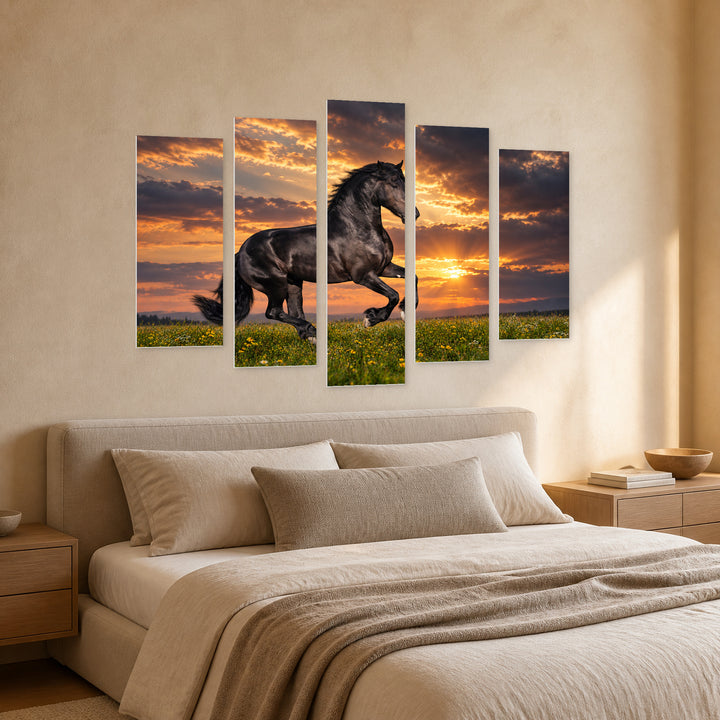 Black Horse Galloping with Dramatic Contrast — five-panel wall art in perspective interior | 5wallart 58139 M2