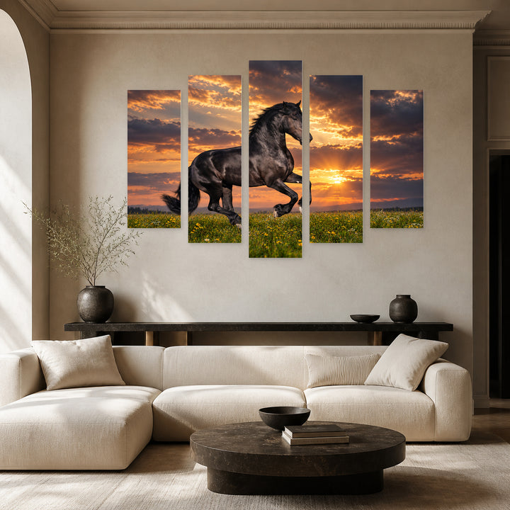 Black Horse Galloping with Dramatic Contrast — five-panel wall art in frontal interior | 5wallart 58139 M3