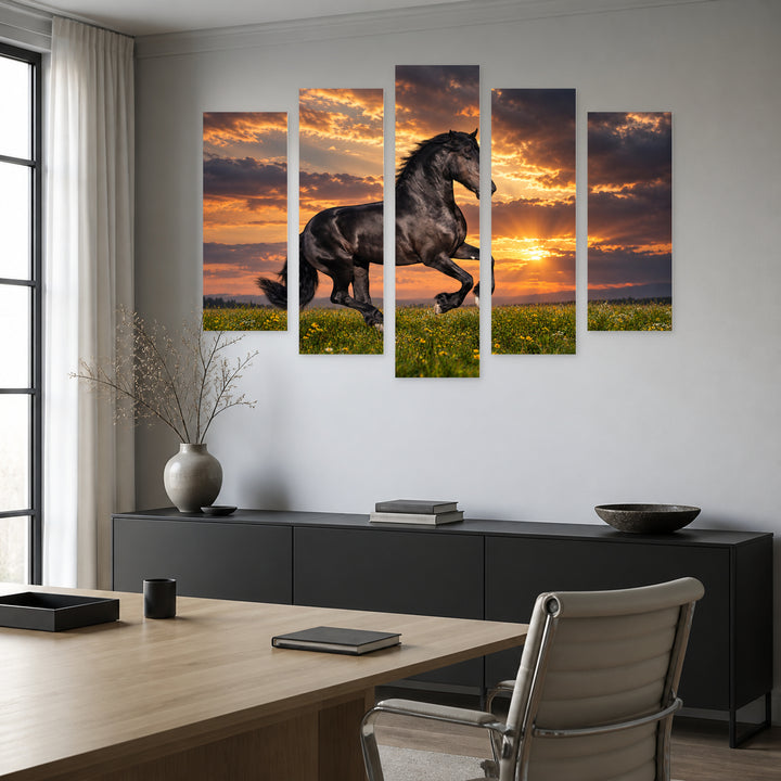 Black Horse Galloping with Dramatic Contrast — five-panel wall art in alternate frontal interior | 5wallart 58139 M4