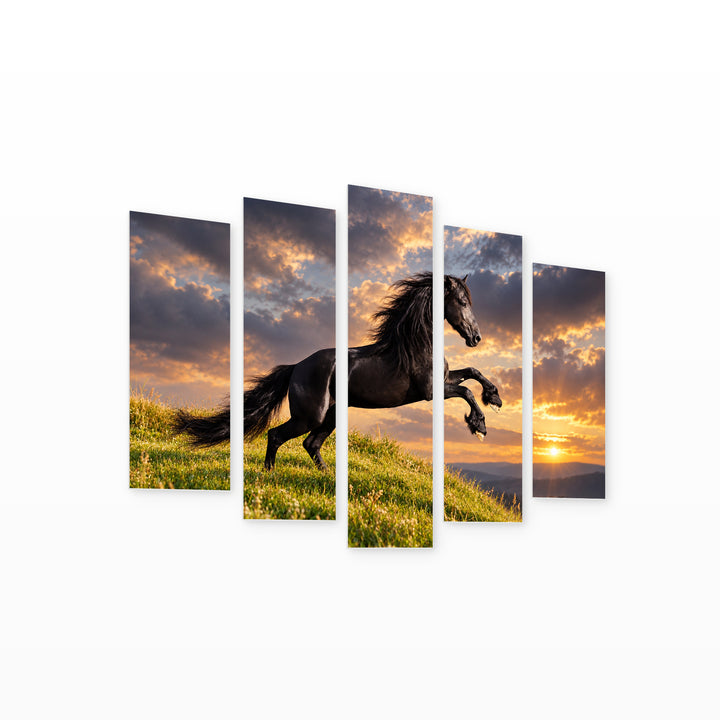 Black Friesian Horse with Geometric Rhythm — five-panel wall art on white background in perspective | 5wallart 58140 M1