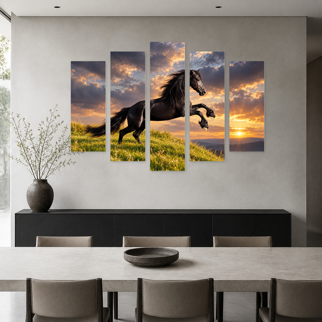 Black Friesian Horse with Geometric Rhythm — five-panel wall art in frontal interior | 5wallart 58140 M3
