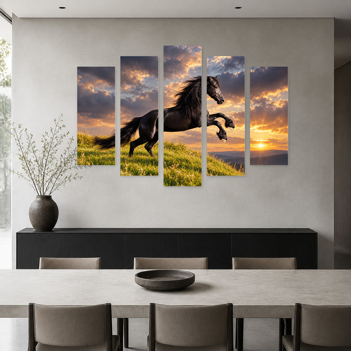 Black Friesian Horse with Geometric Rhythm — five-panel wall art in frontal interior | 5wallart 58140 M3