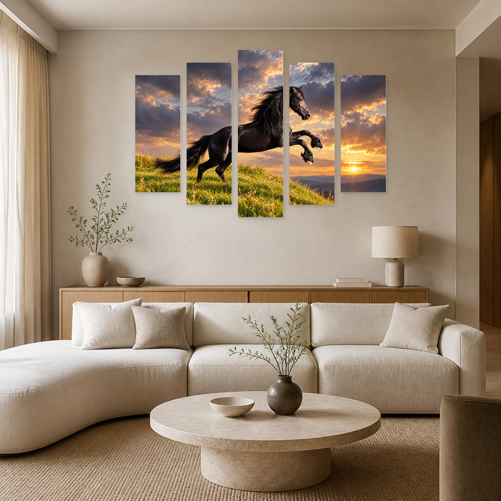 Black Friesian Horse with Geometric Rhythm — five-panel wall art in alternate frontal interior | 5wallart 58140 M4