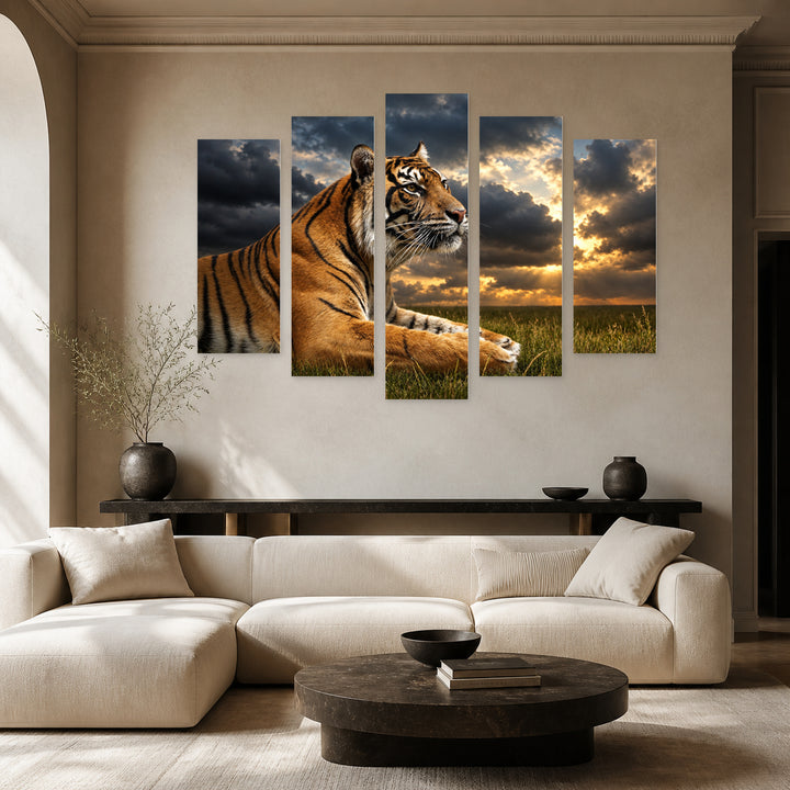Stalking Tiger with Dramatic Contrast — five-panel wall art in frontal interior | 5wallart 58141 M3