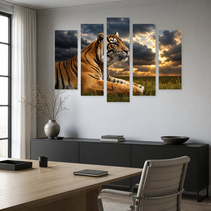 Stalking Tiger with Dramatic Contrast — five-panel wall art in alternate frontal interior | 5wallart 58141 M4