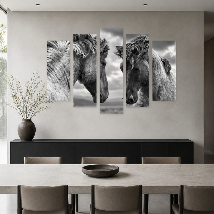 Battle of Horses with Dramatic Contrast — five-panel wall art in frontal interior | 5wallart 58142 M3
