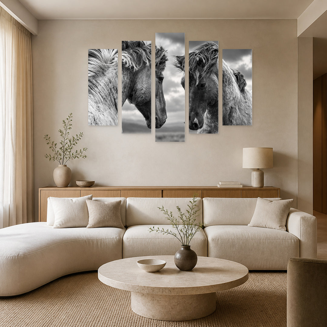Battle of Horses with Dramatic Contrast — five-panel wall art in alternate frontal interior | 5wallart 58142 M4