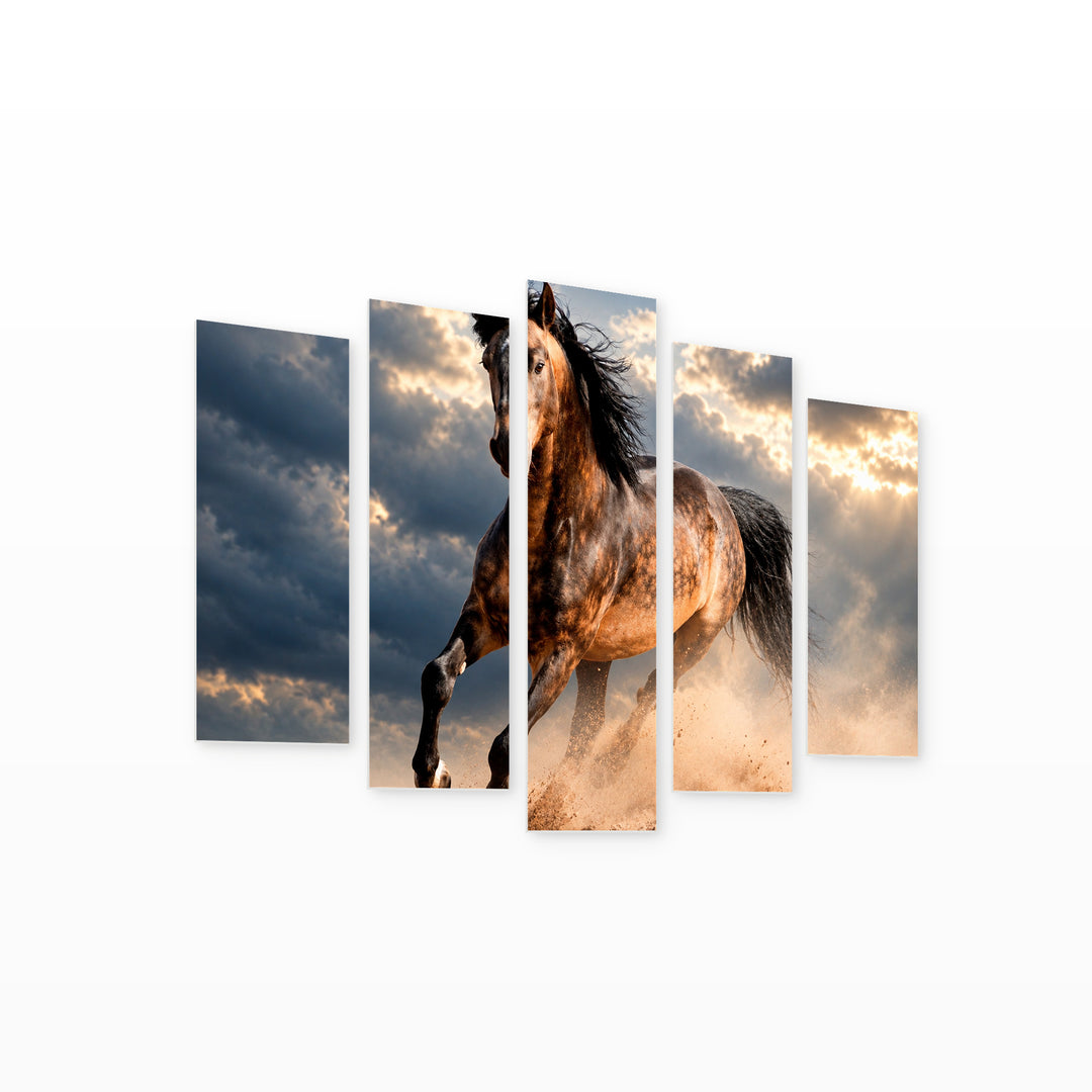 Wild Stallion in the Dust with Dramatic Contrast — five-panel wall art on white background in perspective | 5wallart 58144 M1