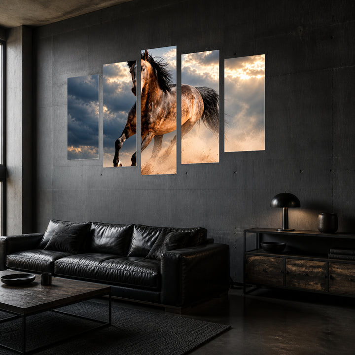 Wild Stallion in the Dust with Dramatic Contrast — five-panel wall art in perspective interior | 5wallart 58144 M2