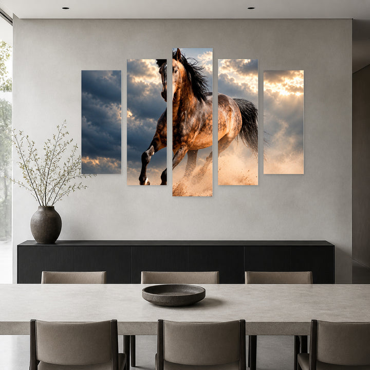 Wild Stallion in the Dust with Dramatic Contrast — five-panel wall art in frontal interior | 5wallart 58144 M3
