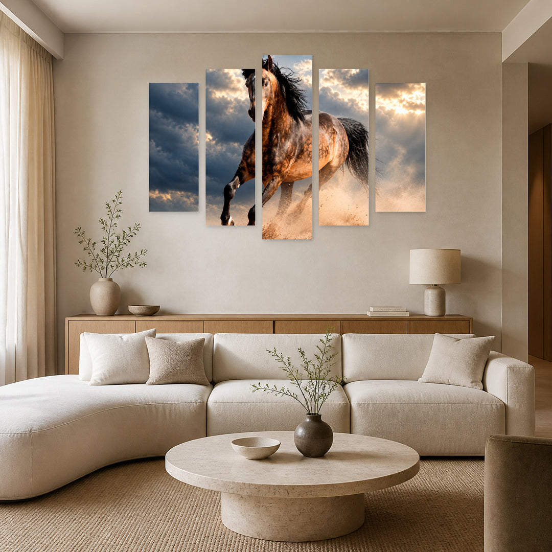 Wild Stallion in the Dust with Dramatic Contrast — five-panel wall art in alternate frontal interior | 5wallart 58144 M4