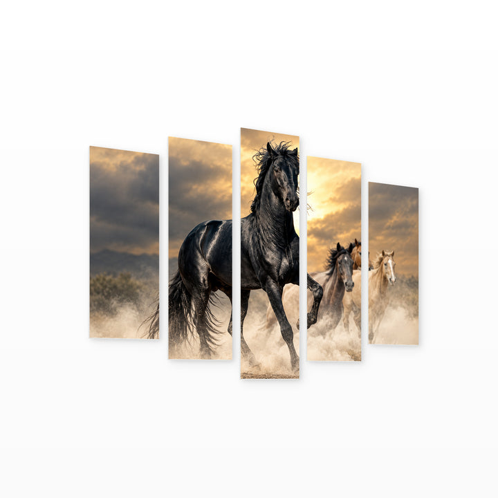 Black Horse with Geometric Rhythm — five-panel wall art on white background in perspective | 5wallart 58146 M1